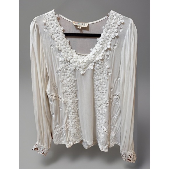 POL Tops - Freckled Poppy X POL  Blouse Top Women Size Small Long Sleeve V Neck White